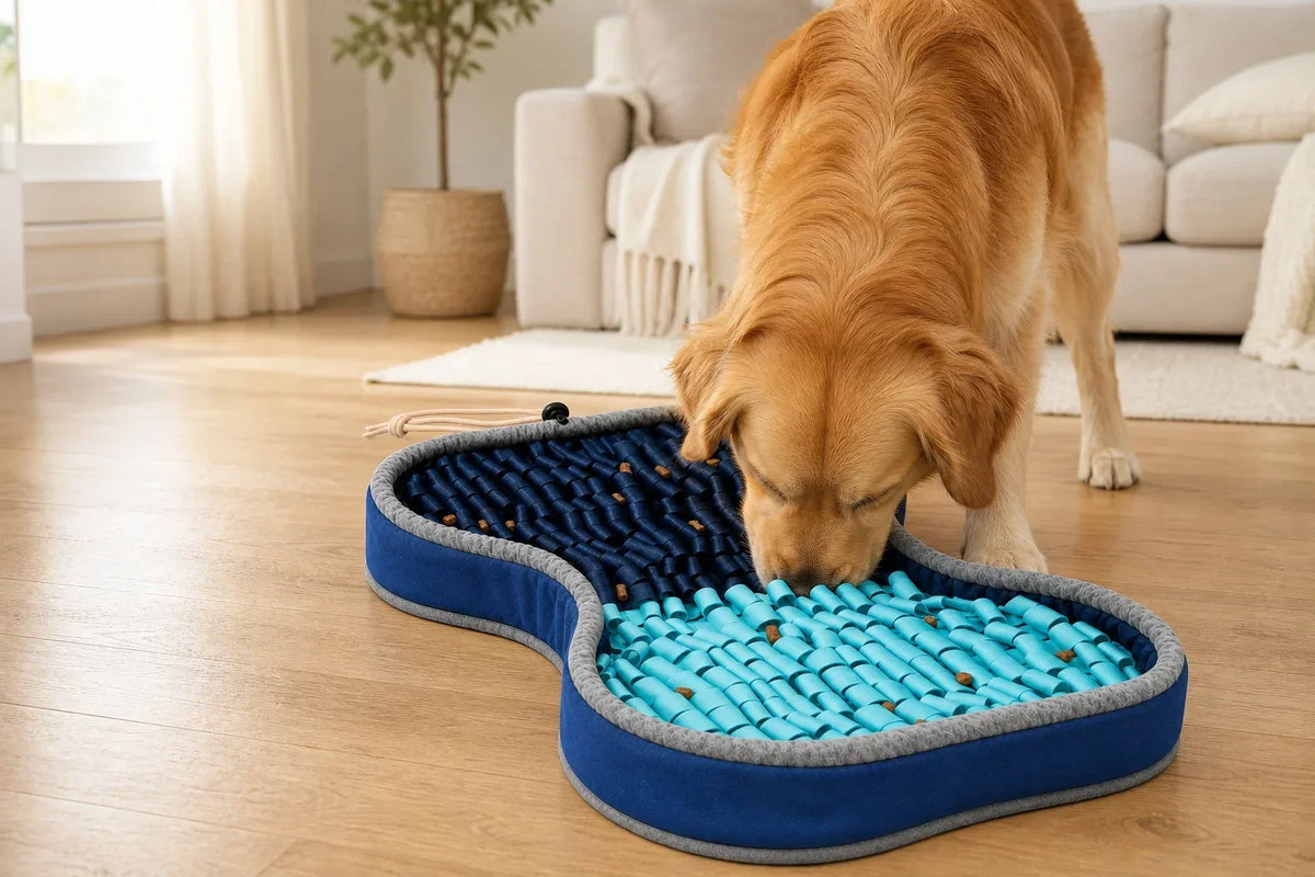 Golden retriever using a blue PuzzlePup Snuffle Mat indoors
