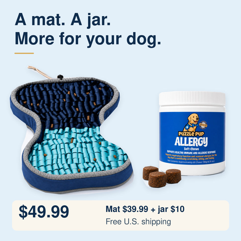 PuzzlePup premium figure-eight Snuffle Mat plus one Allergy, Hip and Joint, or Skin and Coat supplement jar for $49.99 with free U.S. shipping.
