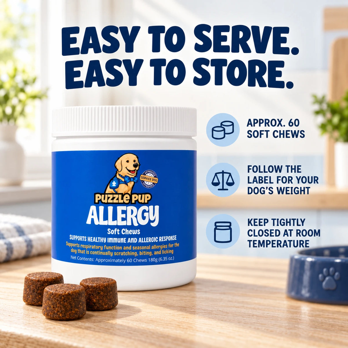 PuzzlePup Allergy Soft Chews for Dogs – 60 Count jar with serving and storage information