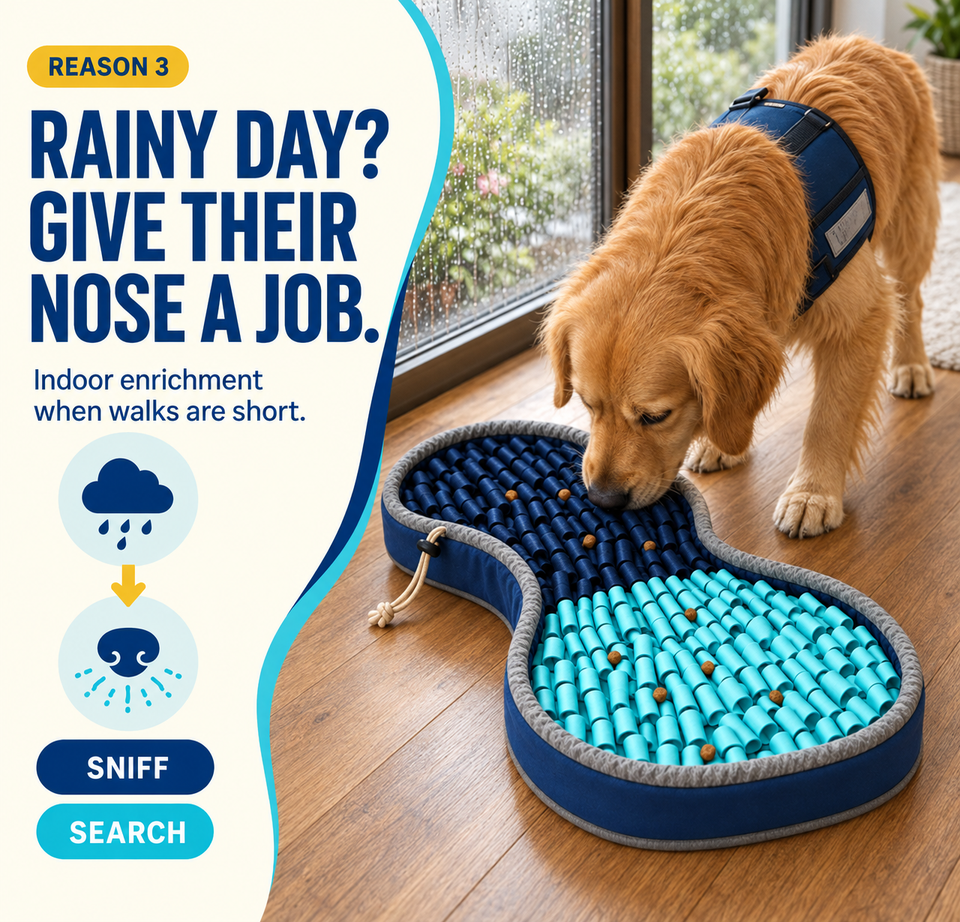 Reason 3: rainy-day indoor enrichment with the dog-bone-shaped PuzzlePup Snuffle Mat
