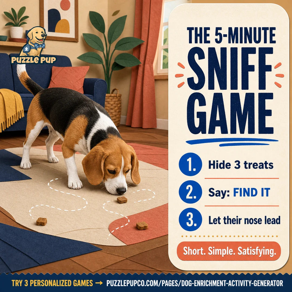 Illustrated five-minute sniff game showing an easy at-home scent search for a dog