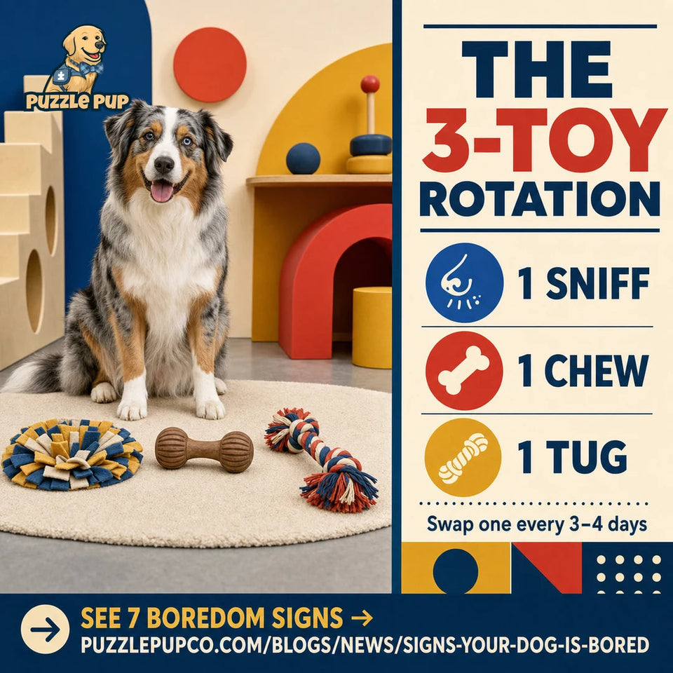 Illustrated guide showing a simple three-toy rotation for dog enrichment in a small home
