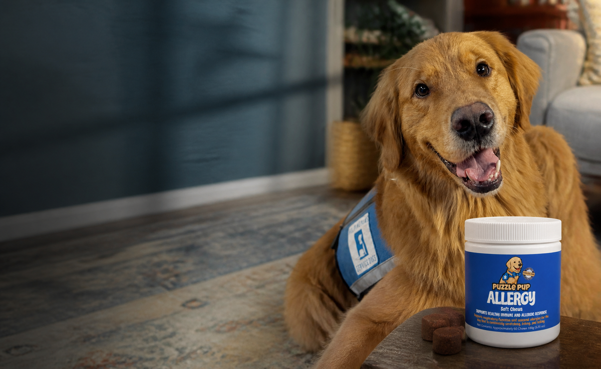 Normie with PuzzlePup Allergy Soft Chews in a candid home scene