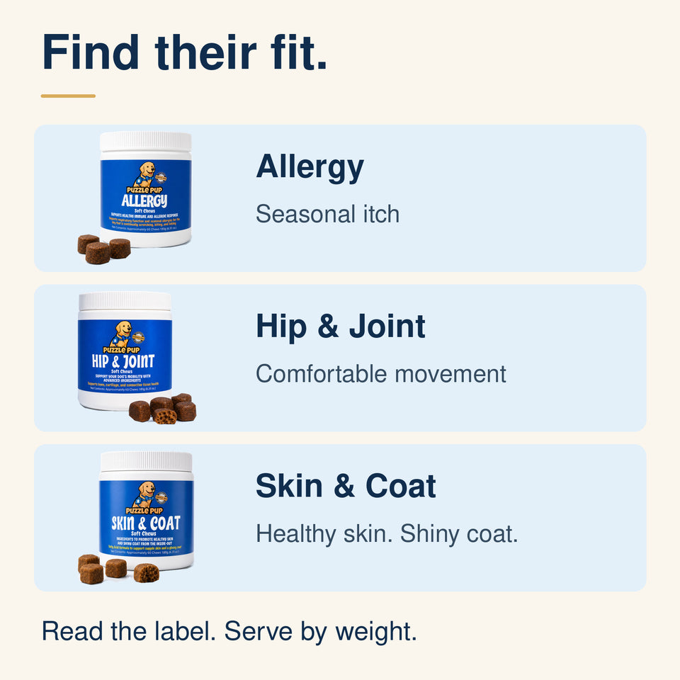 Compare Allergy for seasonal itch, Hip and Joint for comfortable movement, and Skin and Coat for healthy skin and a shiny coat. Follow weight-based label directions.