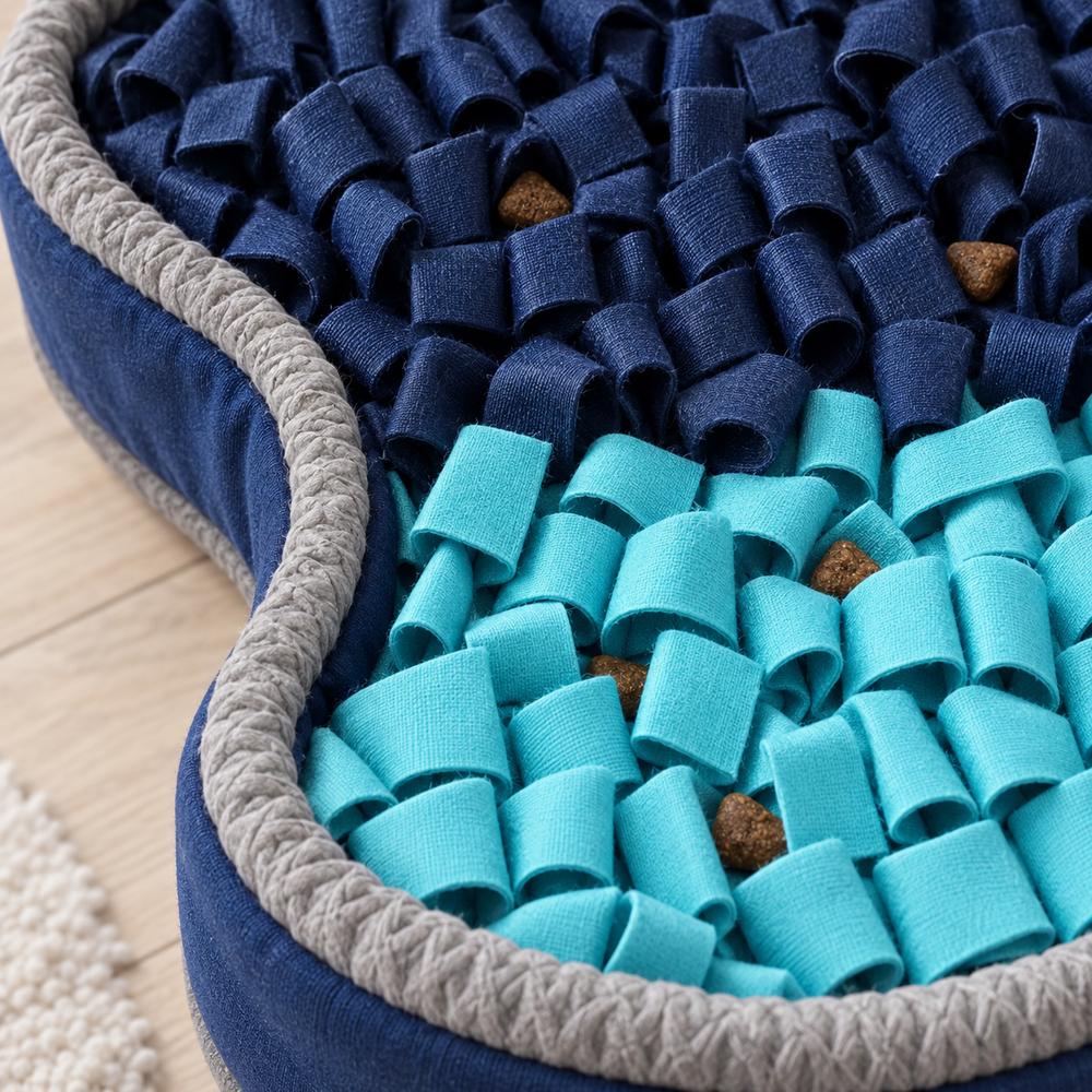 Dry kibble tucked among the navy and aqua fabric loops beside the gray rim
