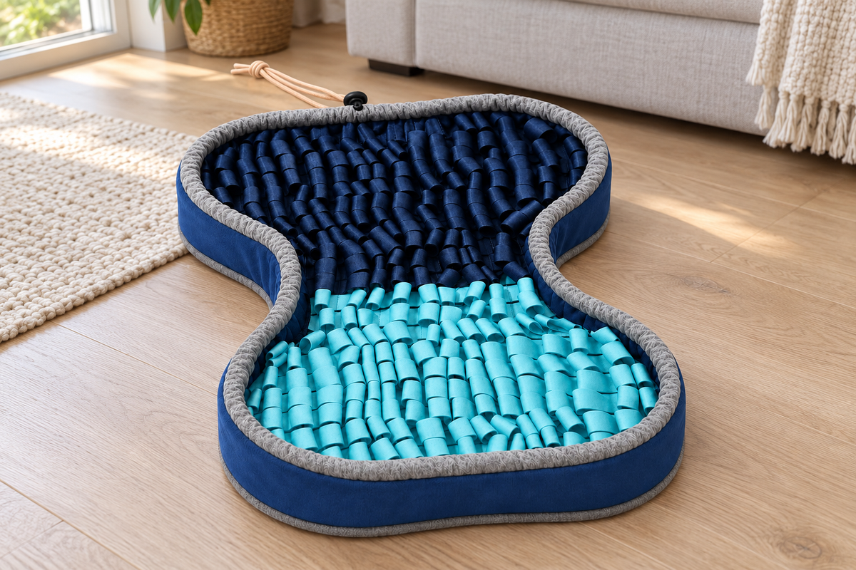 The complete broad hourglass-shaped SmartMat lying flat in a living room