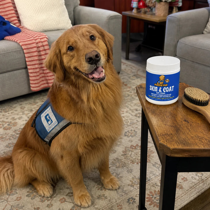 Normie at home beside PuzzlePup Skin and Coat Soft Chews at daily serving time